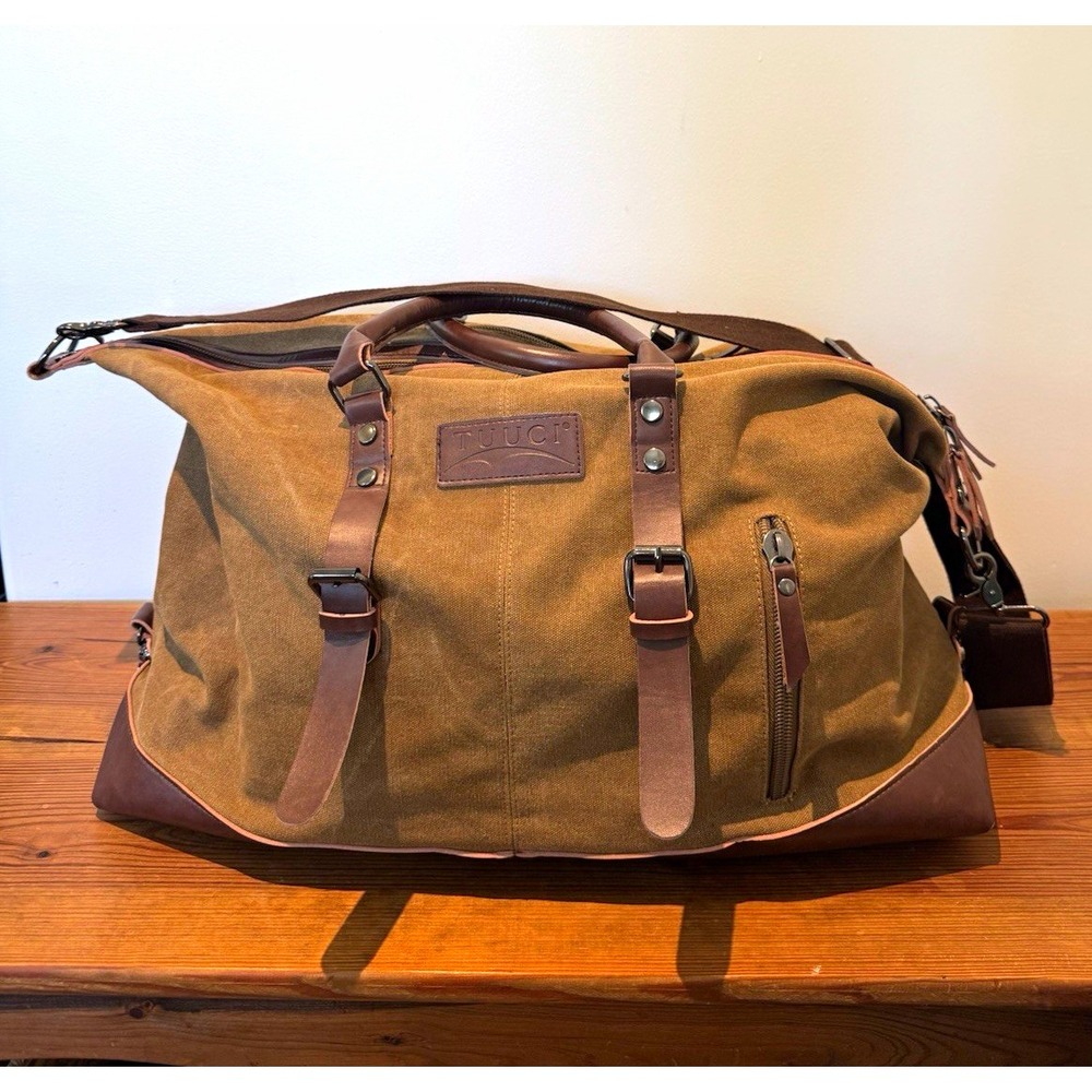 TUUCI Brown Canvas Leather Weekender Duffle Bag Travel Carry-On Overnight Large